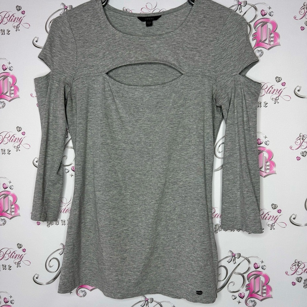 Guess top cut outs grey soft buttery metal logo emblem cutout front and arms